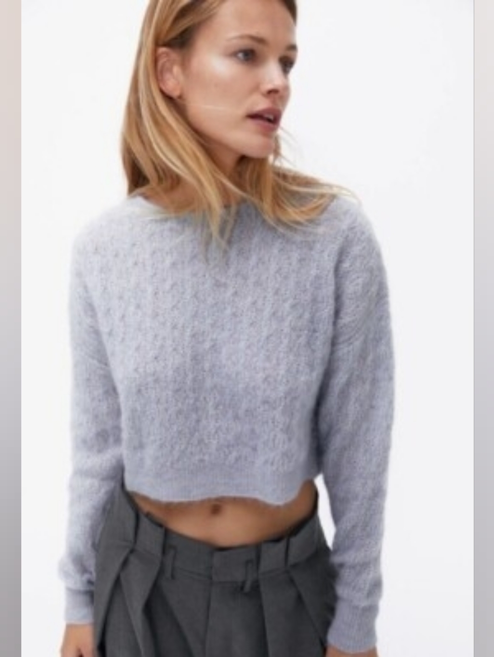 Zara | Women's Open Knit Wool Alpaca Blend Crop Sweater in Periwinkle